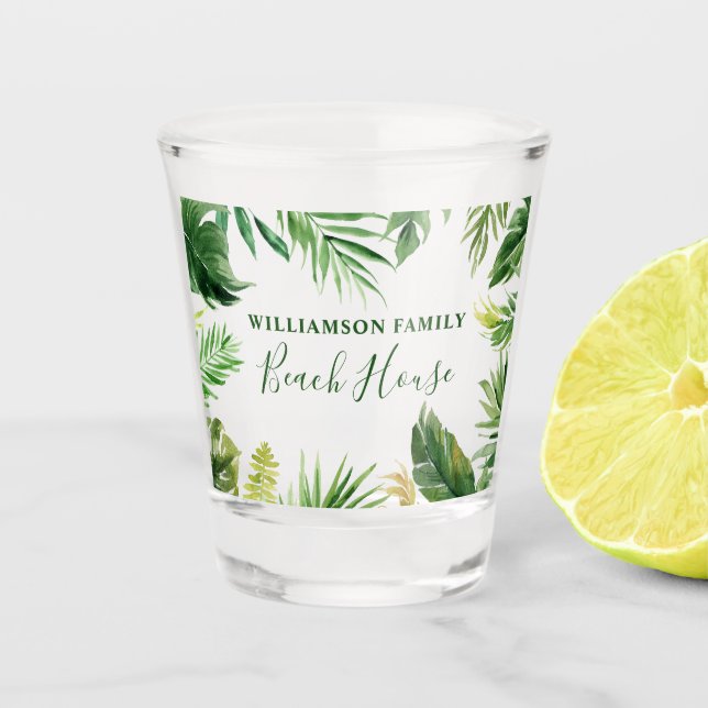 Watercolor Tropical Greenery Family Beach House Shot Glass (Front)