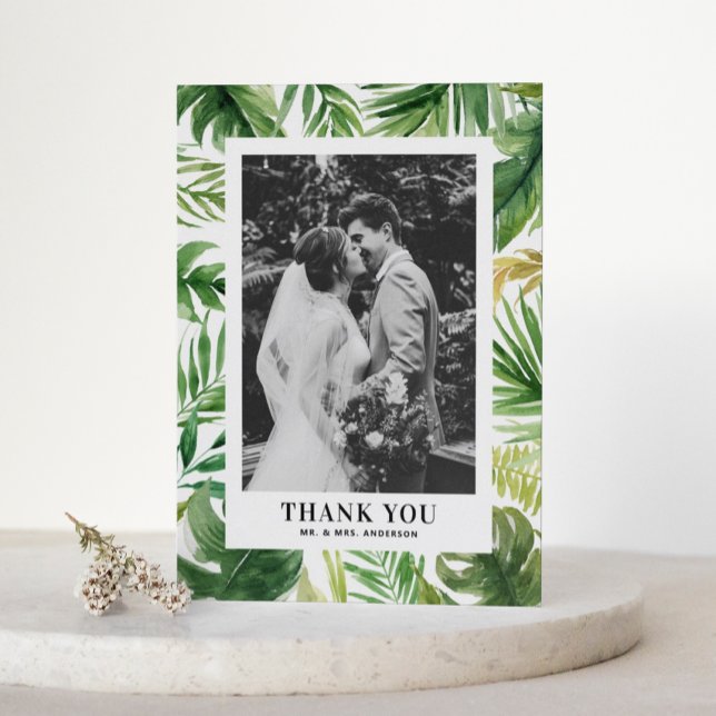Watercolor Tropical Greenery Frame Photo Wedding Thank You Card (Creator Uploaded)