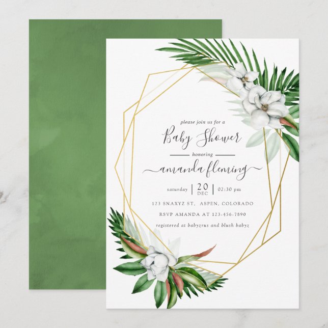 Watercolor Tropical Greenery Geometric Baby Shower Invitation (Front/Back)