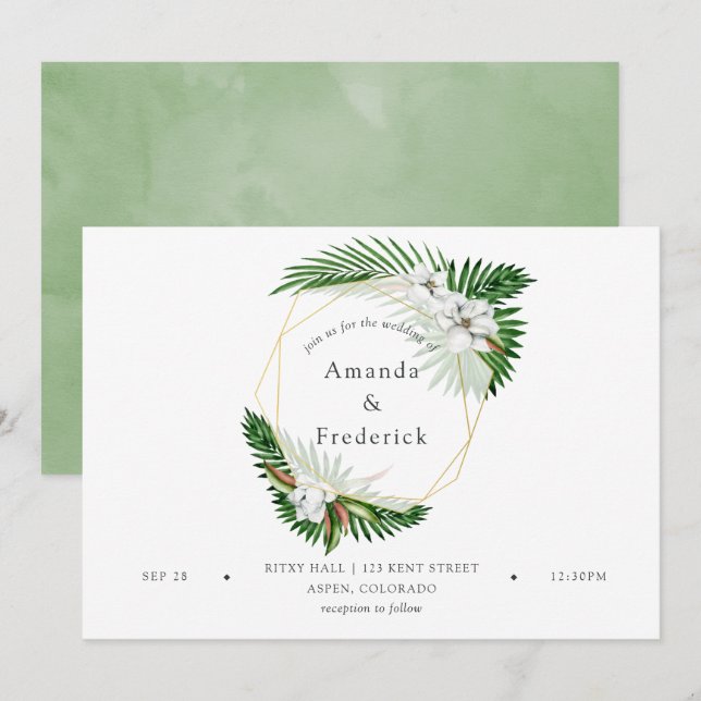 Watercolor Tropical Greenery Geometric Wedding Invitation (Front/Back)