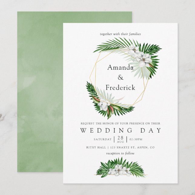 Watercolor Tropical Greenery Geometric Wedding Invitation (Front/Back)