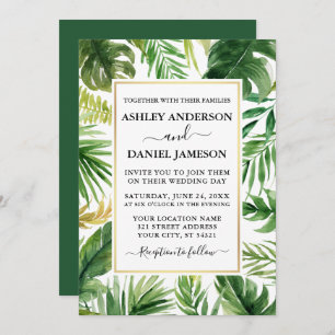 Watercolor Tropical Greenery Gold Frame Wedding Invitation