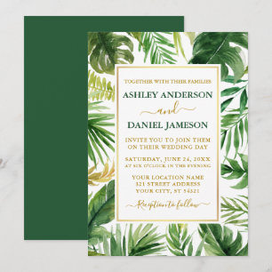 Watercolor Tropical Greenery Gold Wedding Green Invitation