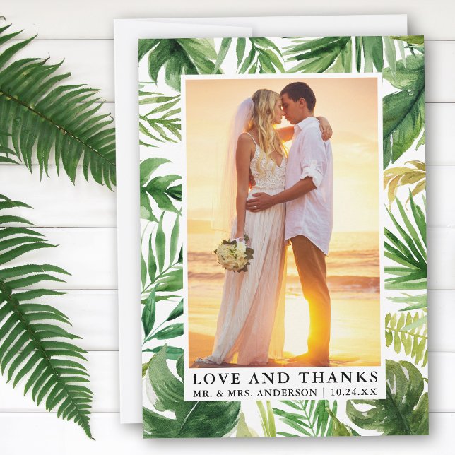 Watercolor Tropical Greenery Love Thanks Wedding Thank You Card (Customize to change text size or to add text to back of card.)