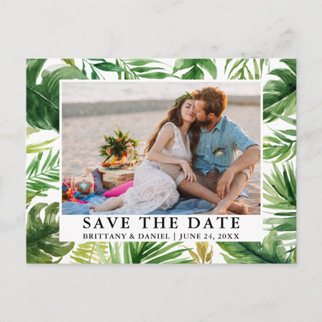Watercolor Tropical Greenery Photo Save The Date Postcard (Front)
