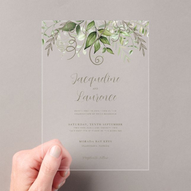 Watercolor Tropical Greenery Wedding Acrylic Invitations (Insitu (Handheld))