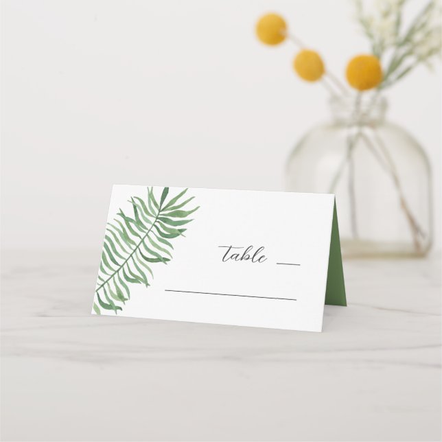Watercolor tropical greenery wedding. Botanical Place Card (Front)