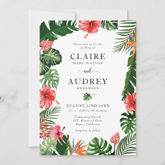 Watercolor Tropical Greenery Wedding Invitation (Front)
