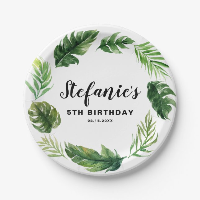 Watercolor Tropical Greenery Wreath Birthday Party Paper Plate (Front)