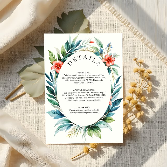 Watercolor Tropical Greenery Wreath Wedding Detail Enclosure Card (Creator Uploaded)