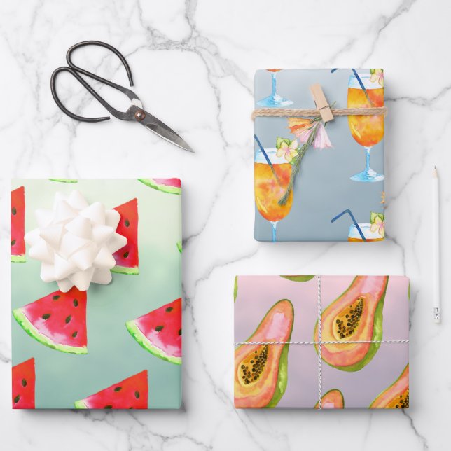 Watercolor Tropical Guava Watermelon Cocktails Wrapping Paper Sheet (Front)