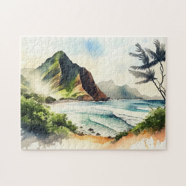 Watercolor tropical Hawaii. Ocean beach nature  Jigsaw Puzzle (Horizontal)