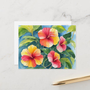 Watercolor Tropical Hawaii Red Yellow Hibiscus Postcard