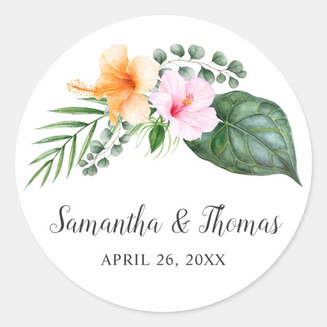 Watercolor Tropical Hibiscus and Foliage Classic Round Sticker (Front)