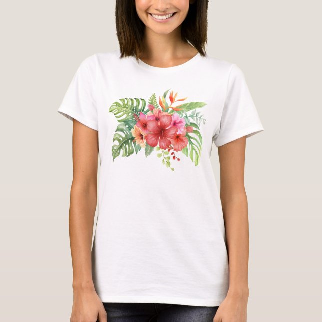 Watercolor Tropical Hibiscus Flowers T-Shirt (Front)