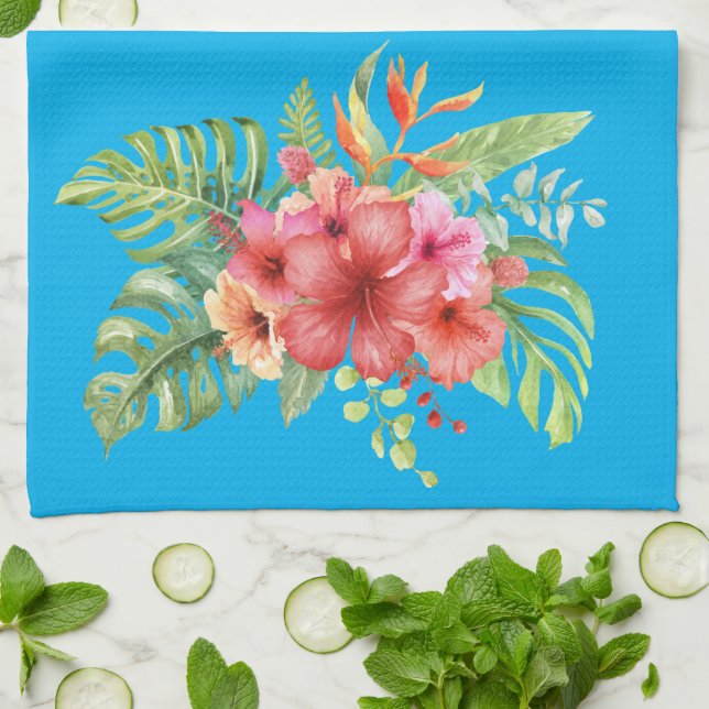 Watercolor Tropical Hibiscus Flowers Tea Towel (Folded)