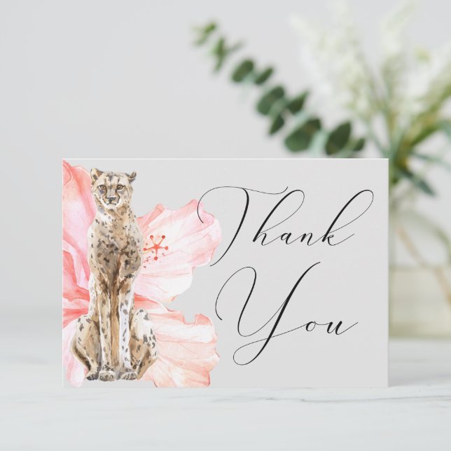 Watercolor Tropical Hibiscus Safari Leopard Thank You Card (Standing Front)
