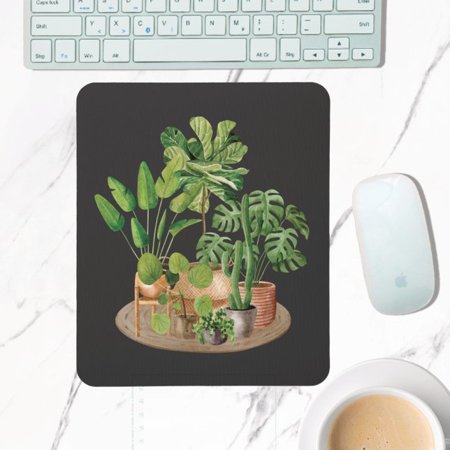 Watercolor Tropical Houseplants Mouse Mat (In situ office desk)