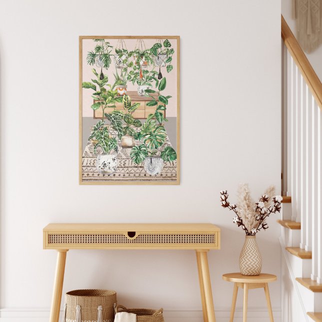 Watercolor Tropical Houseplants Poster (In situ boho interior)