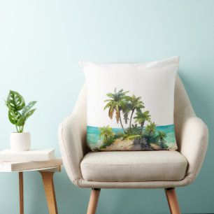 Watercolor Tropical Island Beach Scene Cushion