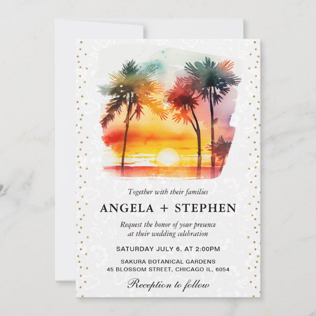 Watercolor Tropical Island Sunset Wedding Invitation (Front)