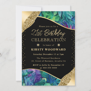 Watercolor Tropical Jungle Leaves 21st Birthday Invitation