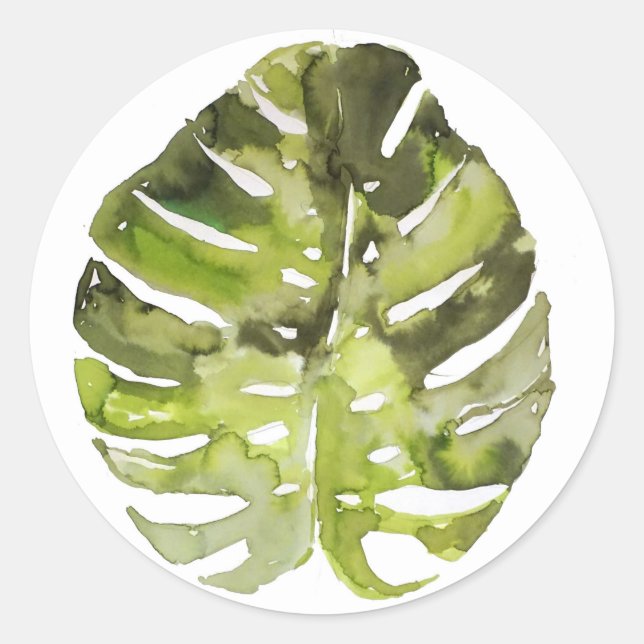 Watercolor Tropical Leaf Painting Classic Round Sticker (Front)