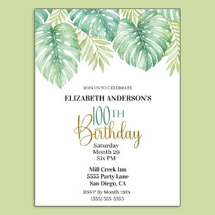 Watercolor Tropical Leaves 100th Birthday Invitation