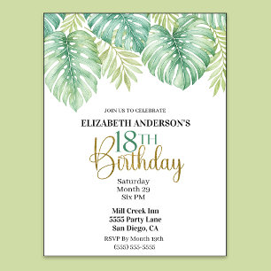 Watercolor Tropical Leaves 18th Birthday Invitation