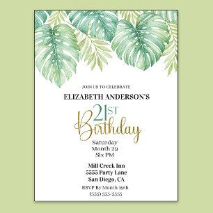 Watercolor Tropical Leaves 21st Birthday Invitation