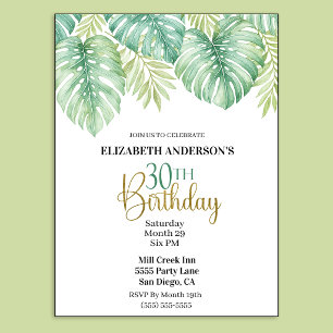Watercolor Tropical Leaves 30th Birthday Invitation
