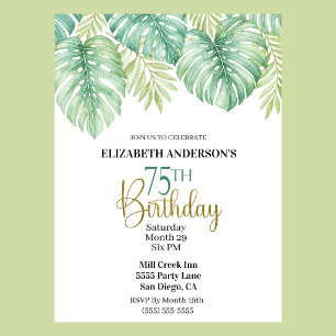 Watercolor Tropical Leaves 75th Birthday Invitation