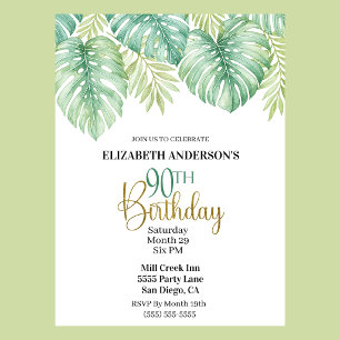 Watercolor Tropical Leaves 90th Birthday Invitation