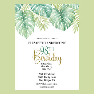 Watercolor Tropical Leaves 98th Birthday Invitation