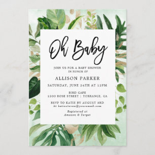 Watercolor Tropical Leaves Baby Shower Invitation