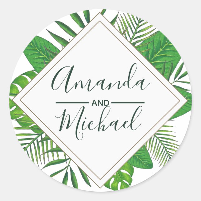 Watercolor Tropical Leaves Beach Wedding Classic Round Sticker (Front)