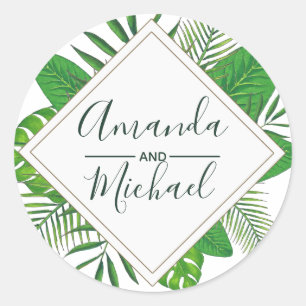 Watercolor Tropical Leaves Beach Wedding Classic Round Sticker
