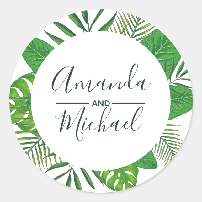 Watercolor Tropical Leaves Beach Wedding Classic Round Sticker (Front)