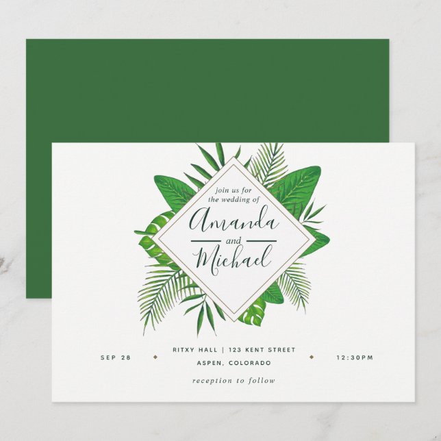 Watercolor Tropical Leaves Beach Wedding Invite (Front/Back)