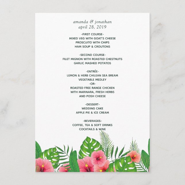 Watercolor Tropical Leaves Beach Wedding Menu (Front)