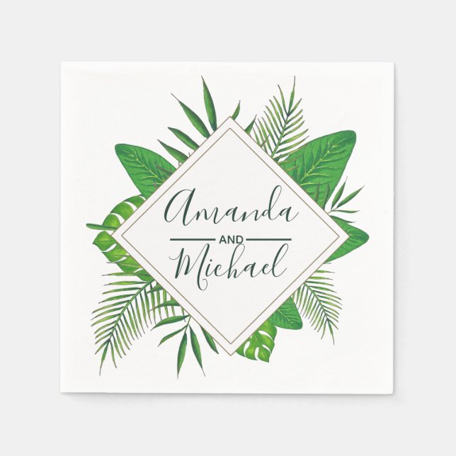Watercolor Tropical Leaves Beach Wedding Napkin (Front)