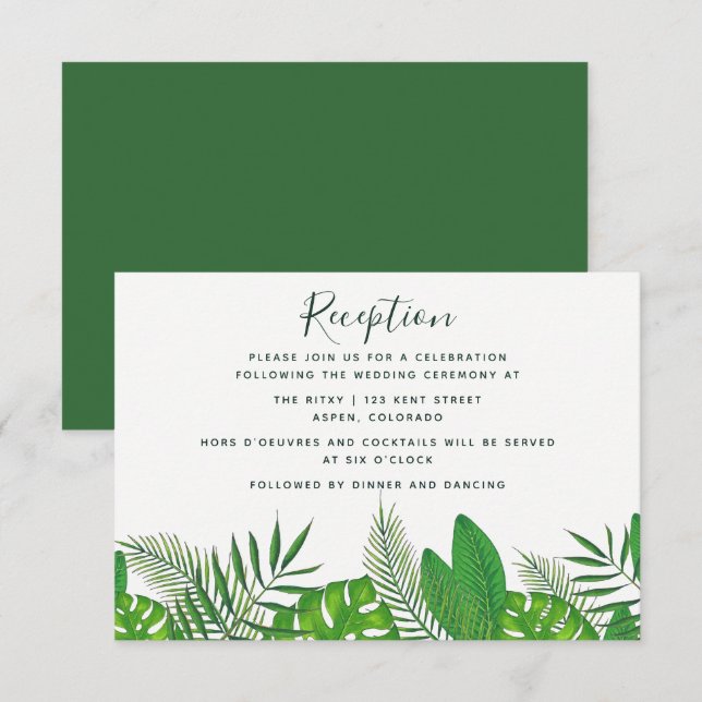 Watercolor Tropical Leaves Beach Wedding Reception Invitation (Front/Back)