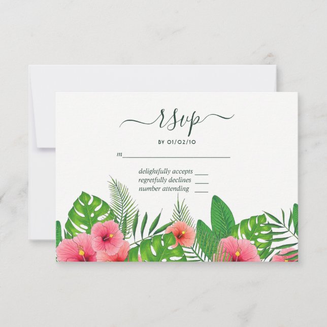Watercolor Tropical Leaves Beach Wedding RSVP (Front)