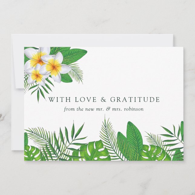 Watercolor Tropical Leaves Beach Wedding Thank You Card (Front)