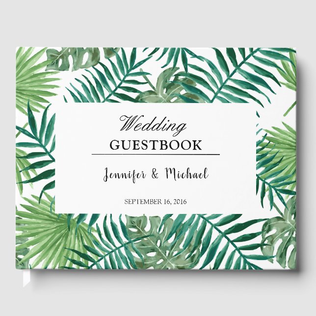 Watercolor tropical leaves bride and groom wedding guest book (Front)