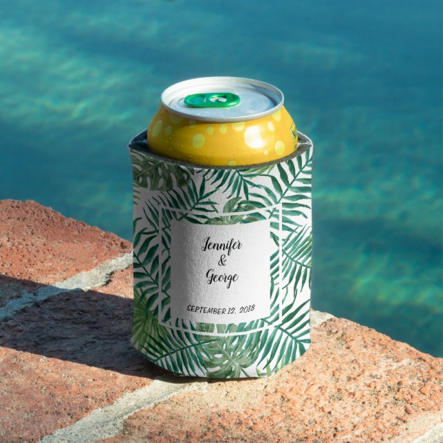 Watercolor tropical leaves bride groom Wedding Can Cooler (In Situ Pool)