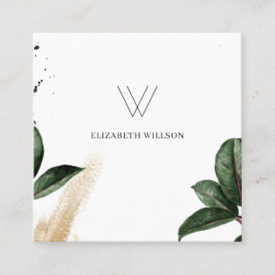Watercolor Tropical Leaves Brush Stroke Monogram Square Business Card