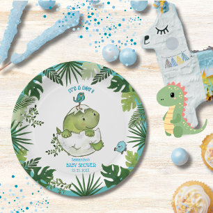 Watercolor Tropical Leaves Dino Baby Shower Plates