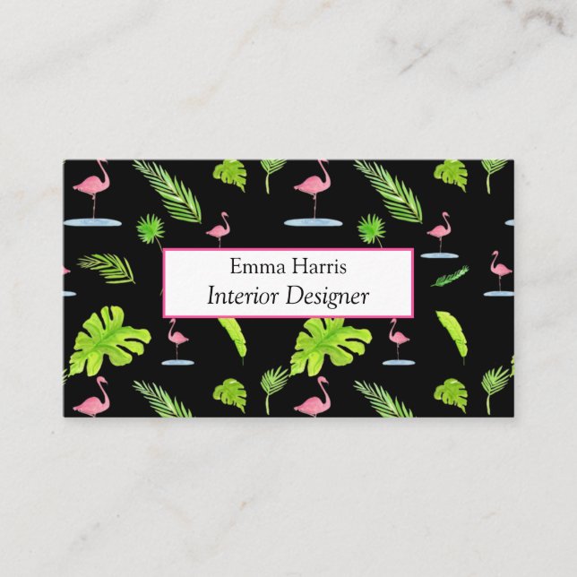 Watercolor Tropical Leaves & Flamingos Business Card (Front)