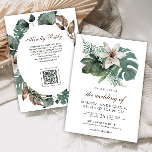 Watercolor Tropical Leaves Floral QR Code Wedding Invitation